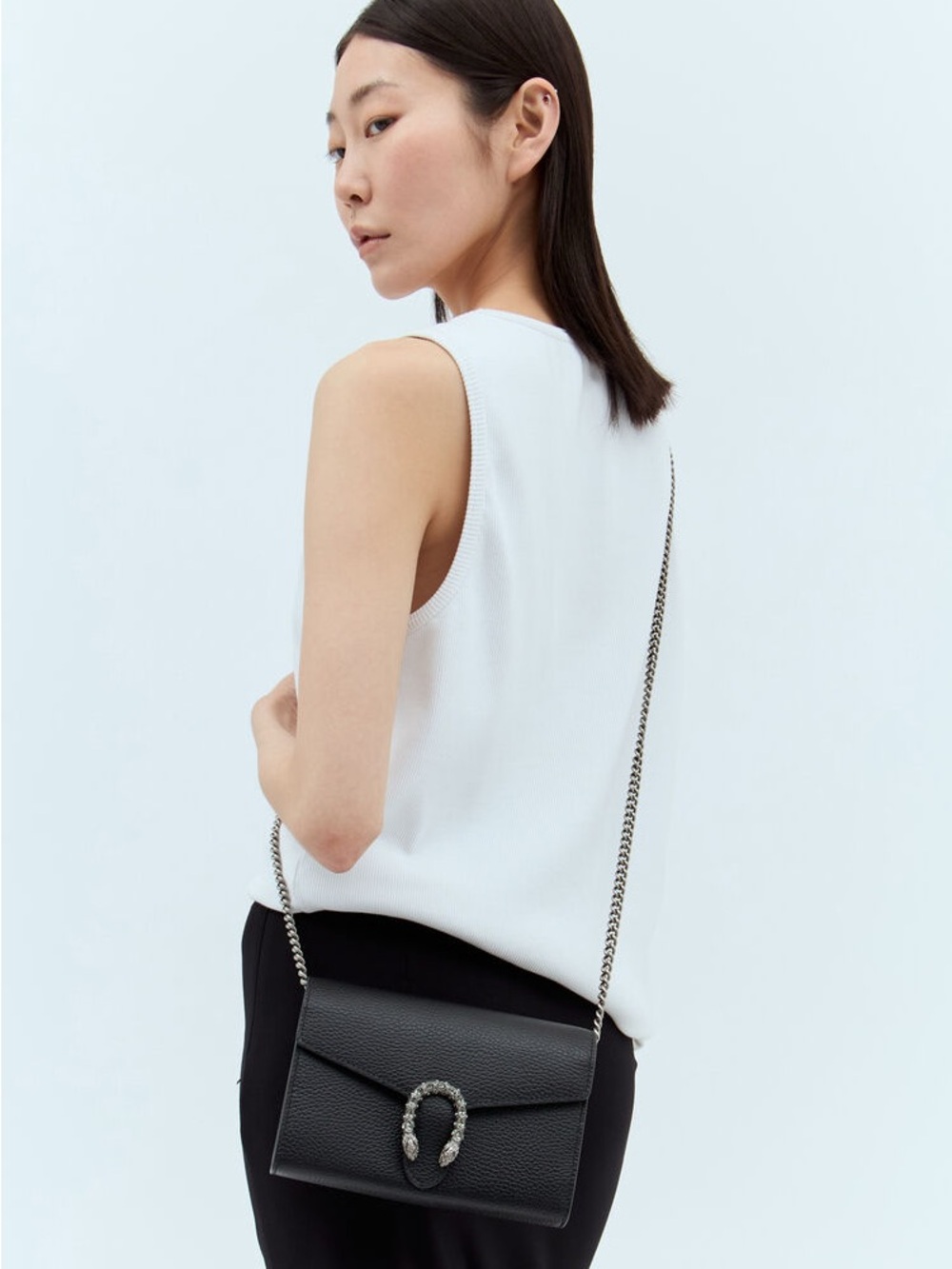 Gucci Dionysus Black Textured Leather Clutch with Decorative Buckle